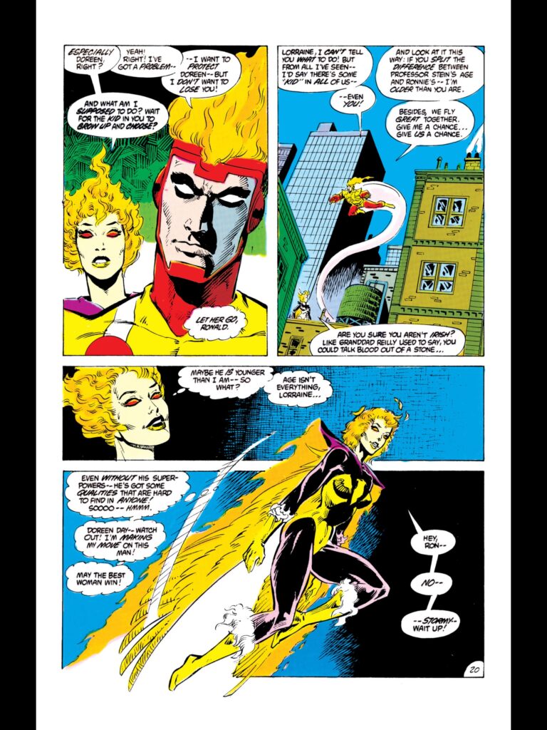 Page from Fury of Firestorm 22 that features Firehawk flying after Firestorm with the thought bubble: "Doreen Day - watch out! I'm making my move on this man! May the best woman win!"