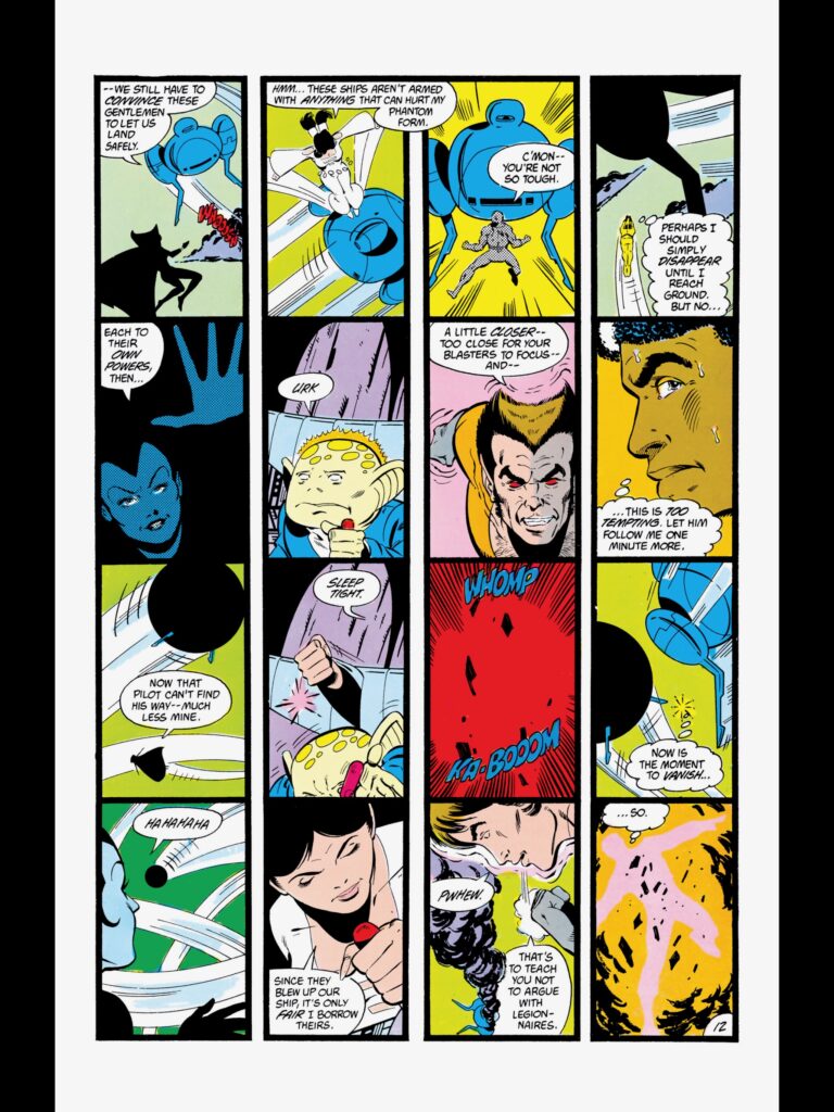 A page from the Legion of Super-Heroes with SIXTEEN panels depicting four different Legionnaires defeating their opponent