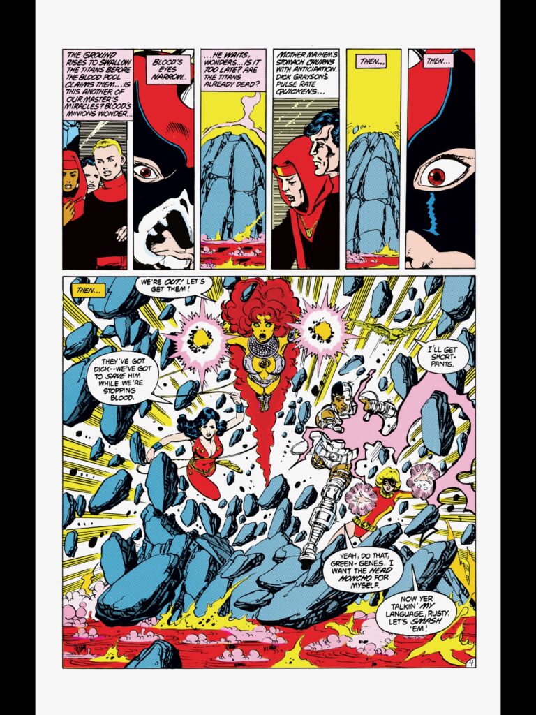 The New Teen Titans burst free from a prison created by Brother Blood while Blood's followers look on; the top of the page has several narrow panels to focus on the characters and the bottom two thirds of the page is an action shot of the team