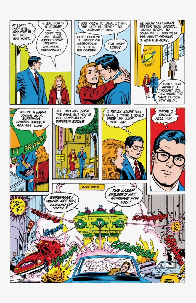 Clark Kent walks through Metropolis with his reporter colleague with the initials LL. Clark examines his feelings for her and considers revealing his secret identity in a scene from March 1984's ACTION COMICS 556. The reporter: Lana Lang. (At this point, Clark and Lana were both TV reporters in Metropolis.)