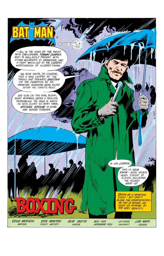 A sportscaster reports from the funeral of the heavyweight boxing champ who was murdered in the previous part of the story, on the opening page of DETECTIVE COMICS 539 from March 1984.