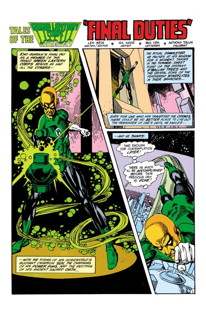A member of the Green Lantern Corps charges his ring and begins his last day as a member of the Corps before his retirement in a Tale of the Green Lantern Corps from GREEN LANTERN 177 in March 1984.
