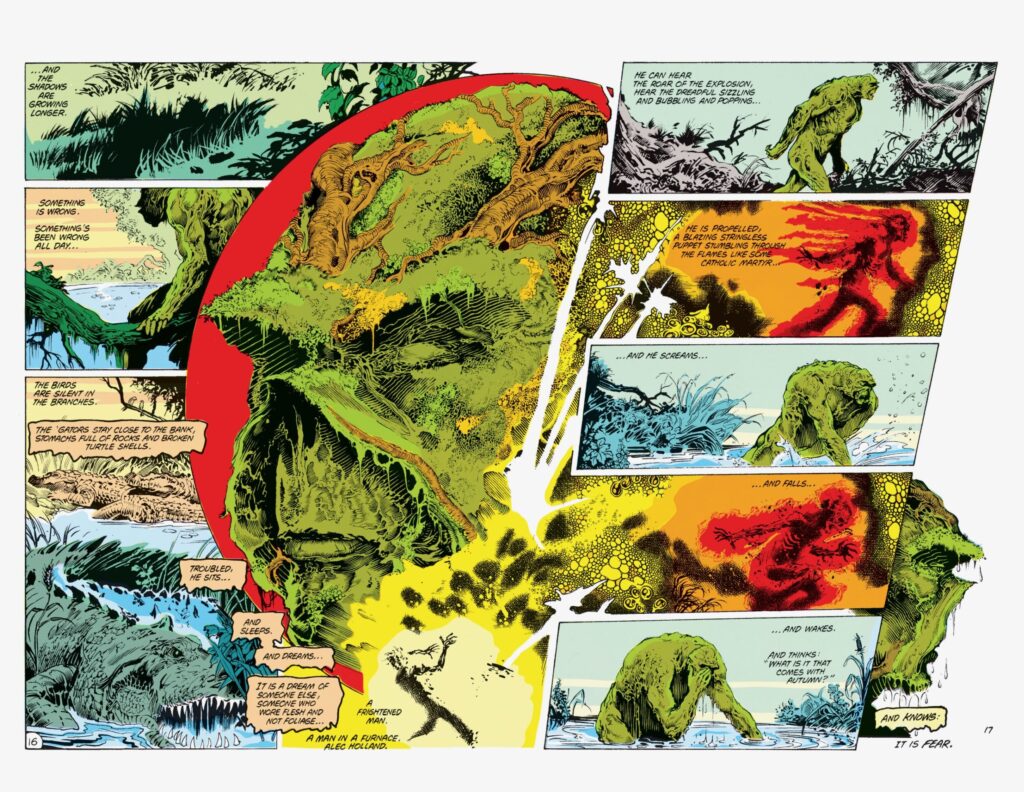A moment of contemplation leads Swamp Thing to recall the death of Alec Holland in a great art sequence from March 1984's SAGA OF THE SWAMP THING 25