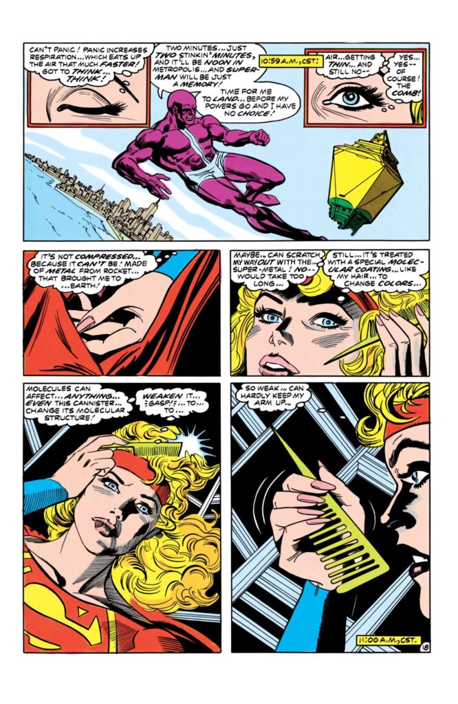 Supergirl uses her Kryptonian comb to escape from the Parasite's prison in SUPERGIRL 20 from March 1984